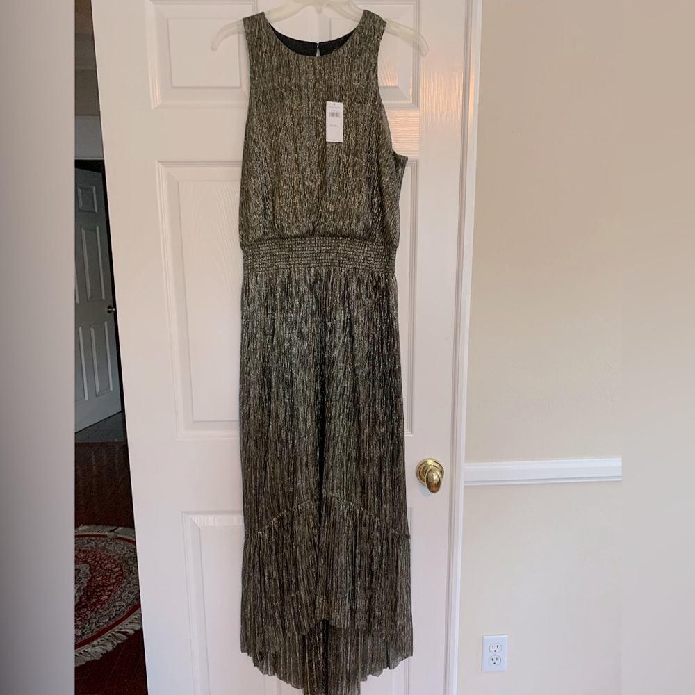NWT Banana Republic Gold Metallic Maxi Dress: Stretchy Waist, HiLo Hem, 12 TALL